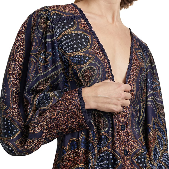 FARM RIO Floral Glam Mini Dress NWT Small Blue Paisley Boho Long Sleeve Deep V - Picture 5 of 11